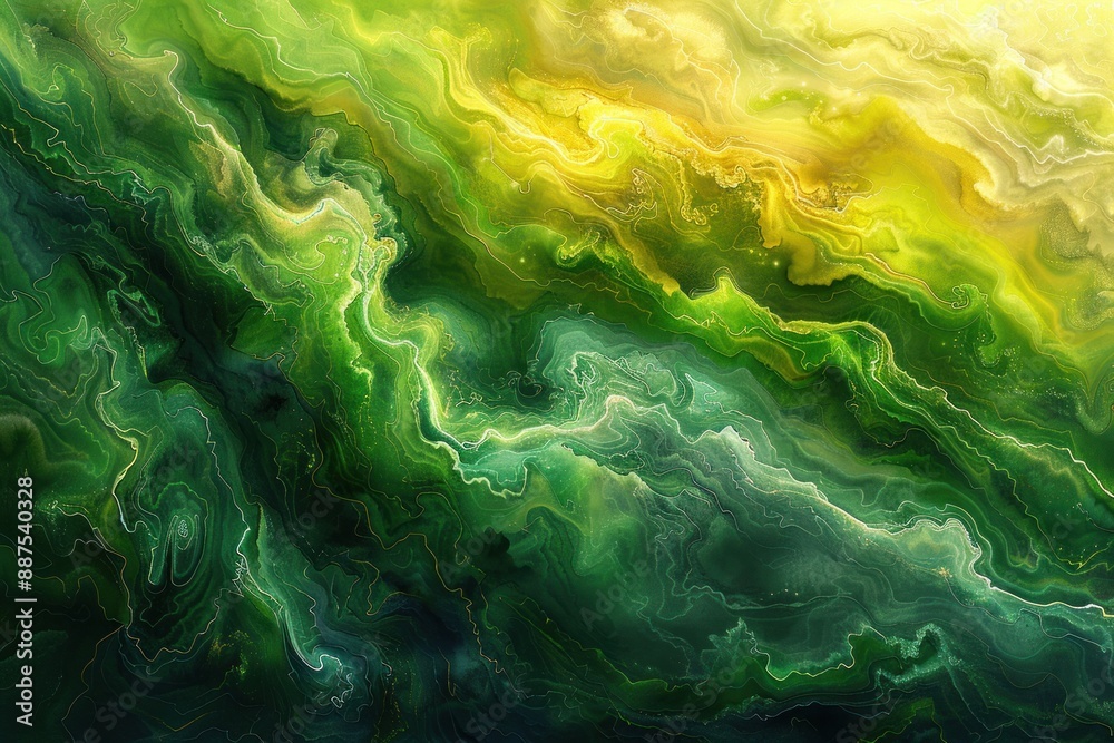 Obraz premium A digital artwork featuring a swirling, abstract marble pattern in shades of green and yellow