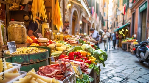 Fototapeta Naklejka Na Ścianę i Meble -  A lively Italian street market with vendors selling fresh pasta, artisanal cheeses, cured meats, and an array of colorful vegetables and fruits