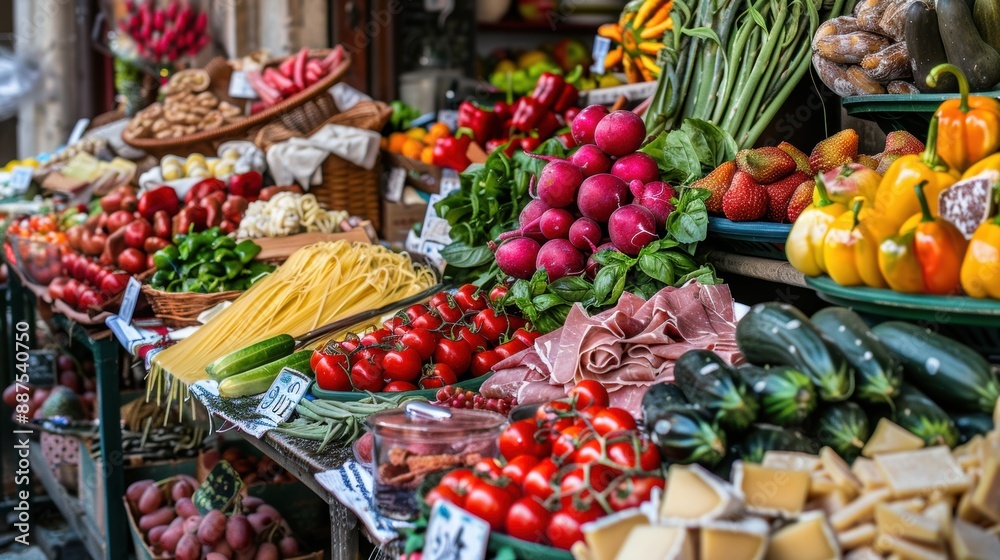 A lively Italian street market with vendors selling fresh pasta, artisanal cheeses, cured meats, and an array of colorful vegetables and fruits A lively Italian street market with vendors selling fresh pasta, artisanal cheeses, cured meats, and an array of colorful vegetables and fruits