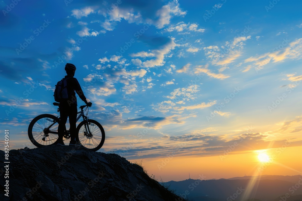 Fototapeta premium Silhouette cyclist standing with bicycle on mountain peak against sky
