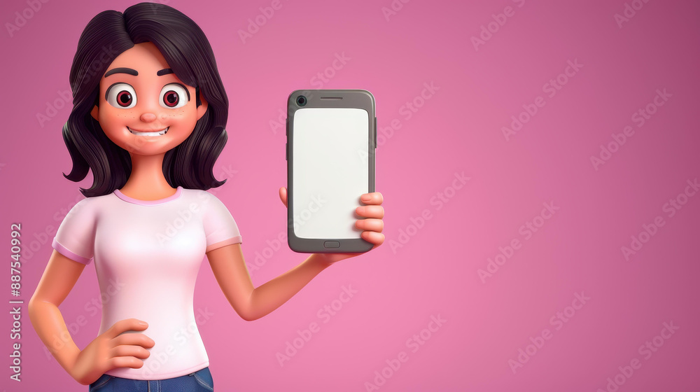 Vibrant 3D cartoon hand holding a smartphone on a purple background. Mobile phone mockup in a quirky and playful style. Vibrant 3D cartoon hand holding a smartphone on a purple background. Mobile phone mockup in a quirky and playful style.