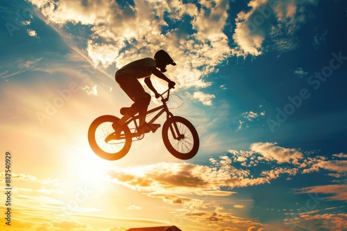 Silhouette of a man doing an jump with a bmx bike against sunshine sky.