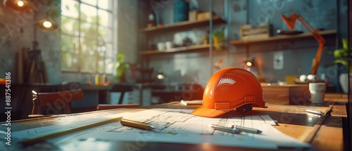 Sunlit Workspace Featuring Hard Hat and Blueprints on Architectural Desk