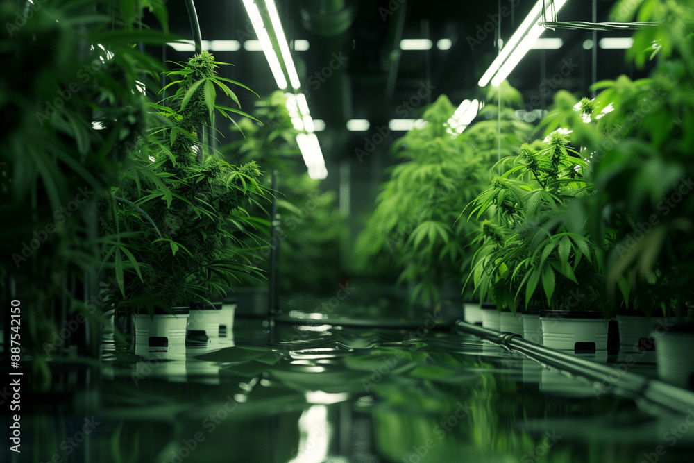 Naklejka premium commercial farming of medical cannabis plants in a modern and automated indoor greenhouse growing for medicinal purpose