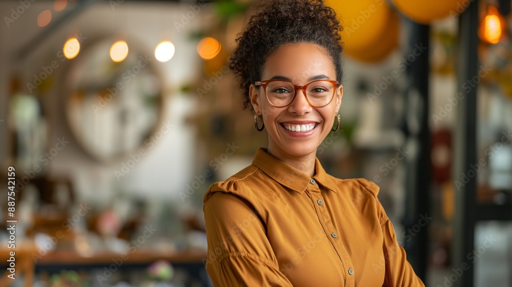 Fototapeta premium Professional Female Event Organizer in Neat Attire Smiling Confidently at the Camera with a Decorated Event Venue Background Showcasing Her Expertise