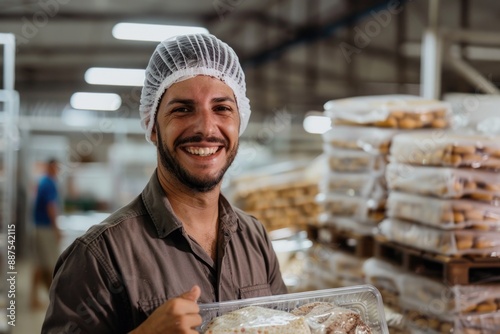 Cheerful Worker in Food Processing Facility Holding Packaged Goods - Industrial Happiness for Stock Photos