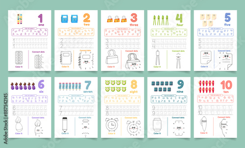 Activity worksheets for kids with many exercises. Learning numbers from 1 to 10. Trace, color, dot to dot on one page