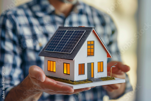 Close up of happy couple holding house with solar photovoltaic roof as green alternative energy concept for houseowners photo