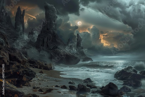 Dark rocky cliff formations on a beach with a stormy sea and a full moon photo