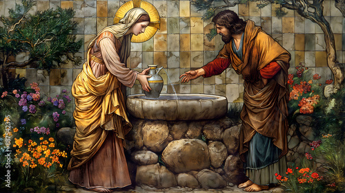 Biblical Illustration, Jesus talking with Samaritan woman at the Jacob’s well