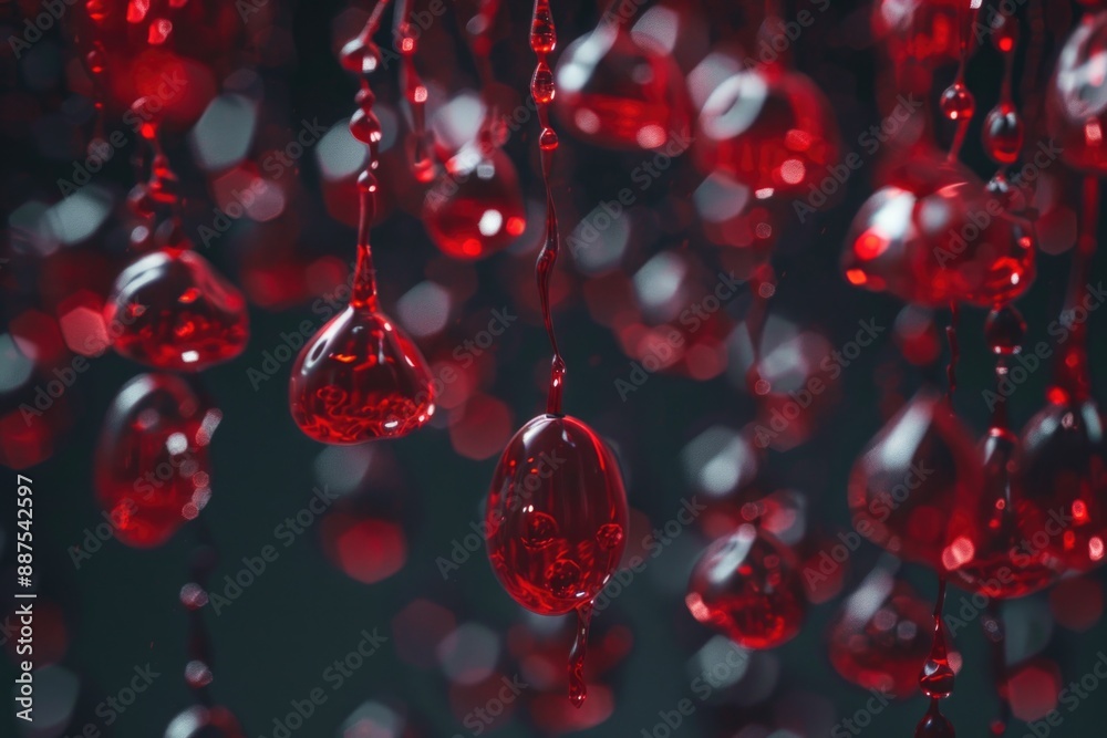 A bunch of red beads suspended from above, creating a decorative display A bunch of red beads suspended from above, creating a decorative display