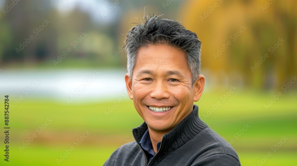 Vibrant Asian American man in his s radiating happiness in a serene park by the lake, exuding genuine joy and confidence. Vibrant Asian American man in his s radiating happiness in a serene park by the lake, exuding genuine joy and confidence.