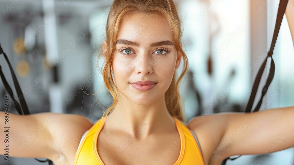 A fit woman using suspension trainer straps in the gym for muscle exercises. A fit woman using suspension trainer straps in the gym for muscle exercises.