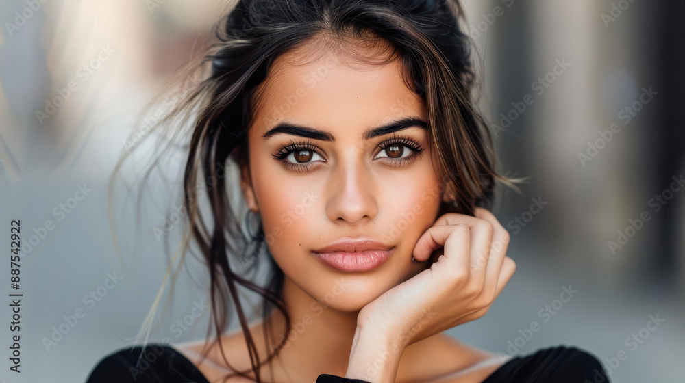 Captivating young woman in urban port city setting, striking a profile pose.