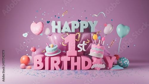 Minimalist 3D Pastel theme Happy 1st Birthday Background With Illustration Of Cake, Balloons, Heart And Confetti, 3d Happy Birthday Background