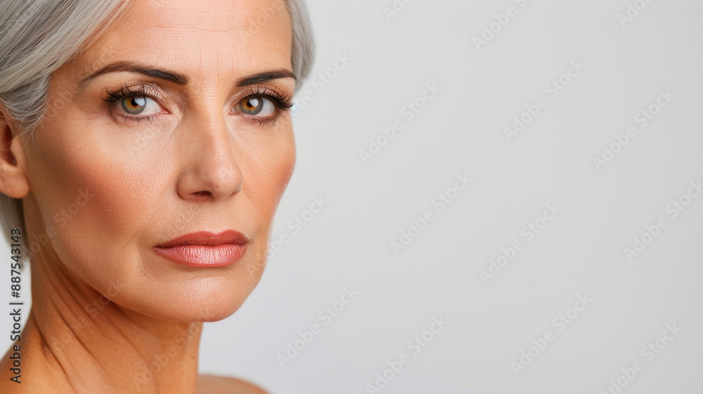 Naklejka premium Stunning portrait of a s midaged woman gazing confidently at the camera against a white backdrop.