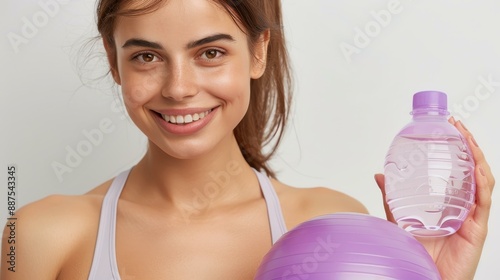 Active young woman with water bottle resting on fitness ball post workout. photo