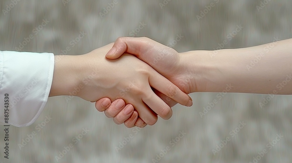Professional photo of a business handshake between a man and woman in an office setting.