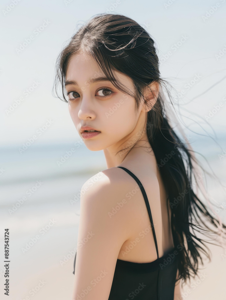 Capture a realistic beach scene on a sunny day with sand and sea. Photo features a yearold Asian woman in an elegant black dress. Capture a realistic beach scene on a sunny day with sand and sea. Photo features a yearold Asian woman in an elegant black dress.