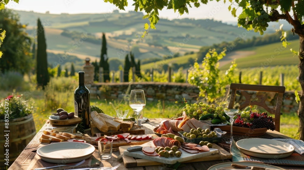 Fototapeta premium A picturesque outdoor dining scene in an Italian vineyard, with a table set with assorted charcuterie