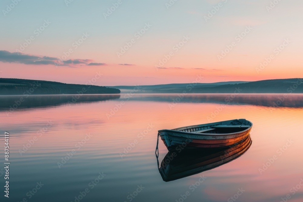 A quiet lake at sunrise, the water perfectly still and reflecting the pastel colors of the sky, a small boat drifting gently A quiet lake at sunrise, the water perfectly still and reflecting the pastel colors of the sky, a small boat drifting gently