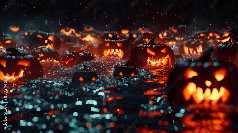Spooky ai generated pumpkins with menacing faces in the darkness of a halloween night Spooky ai generated pumpkins with menacing faces in the darkness of a halloween night
