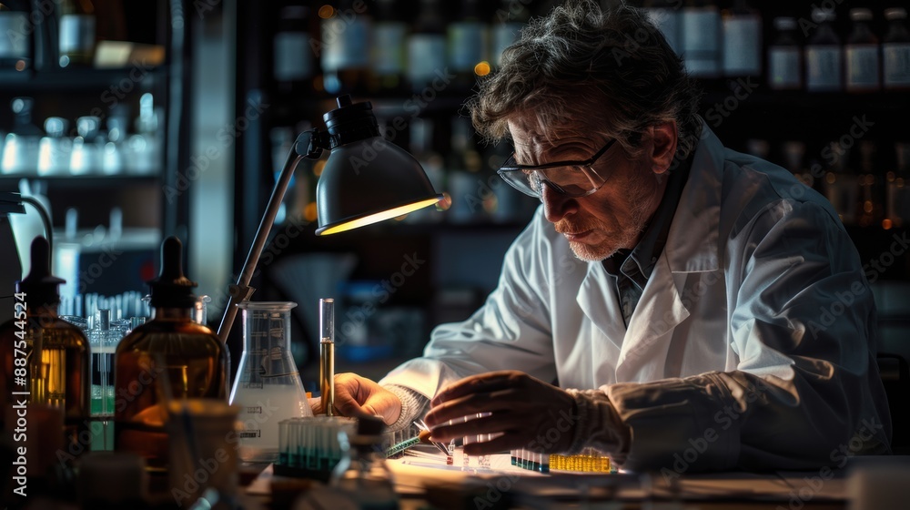 A scientist working intently in a laboratory, surrounded by test tubes and notes A scientist working intently in a laboratory, surrounded by test tubes and notes