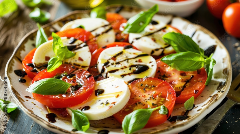 A vibrant plate of caprese salad with ripe tomatoes, fresh mozzarella, basil leaves, drizzled with olive oil and balsamic glaze