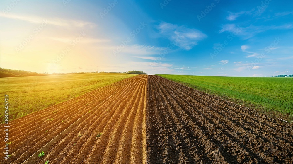 Plowed and unplowed fields under a blue sky at sunrise. Plowed and unplowed fields under a blue sky at sunrise.