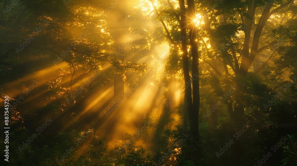 Sunlight streaming through trees in a lush forest with green undergrowth. Sunlight streaming through trees in a lush forest with green undergrowth.