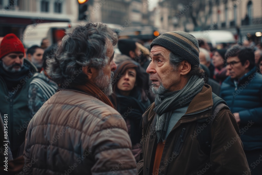 Two people engaged in a heated debate in a bustling city square, their faces intense and passionate Two people engaged in a heated debate in a bustling city square, their faces intense and passionate