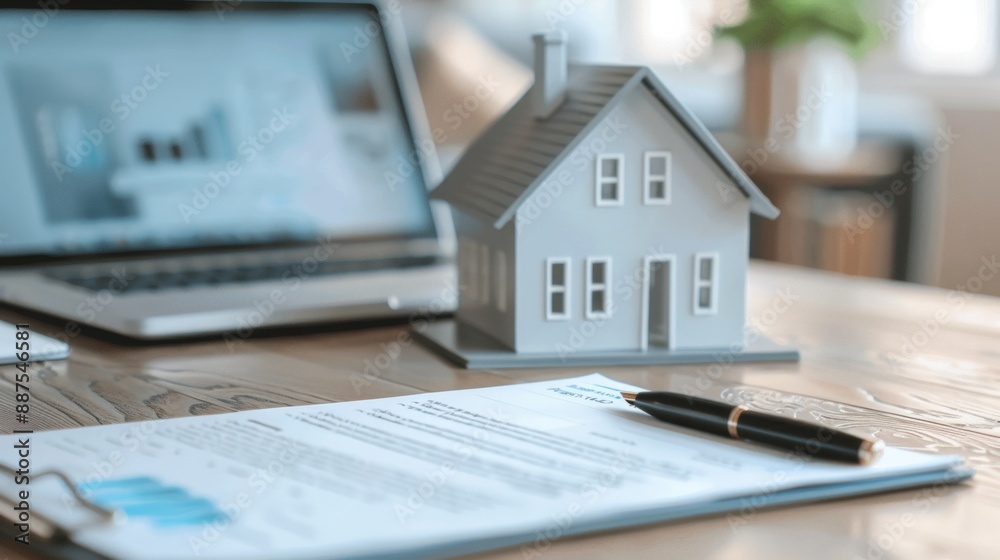Obraz premium Real Estate Investment Concept with Close-up of House Model, Pen, and Contract on Desk in Daylight Office Setting
