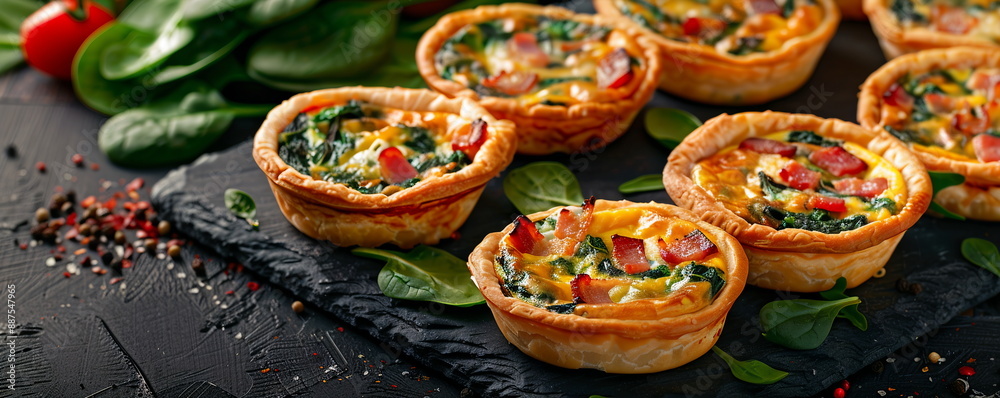 Frozen mini quiches with assorted fillings like spinach, bacon, and cheese. Frozen mini quiches with assorted fillings like spinach, bacon, and cheese.