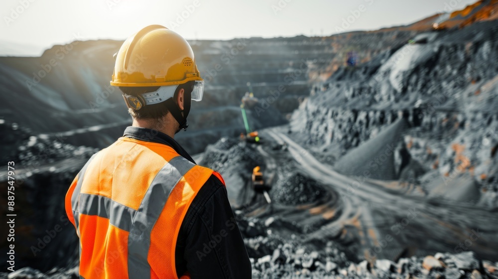 Mining engineer exploring an open-pit mine Mining engineer exploring an open-pit mine