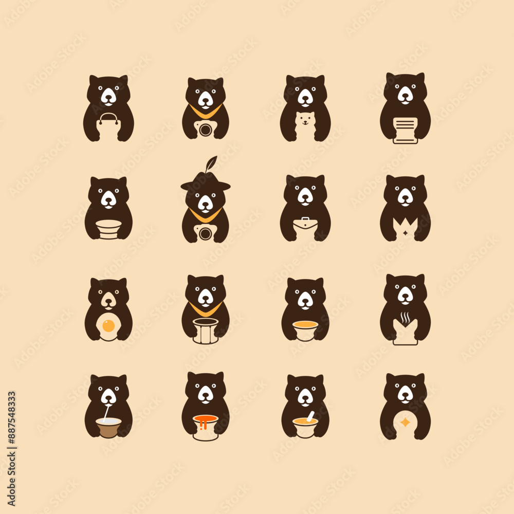 Obraz premium cute bear cartoon flat icon set logo design vector