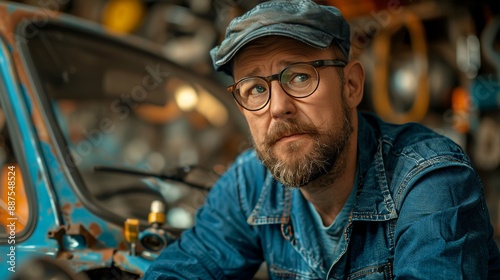 Wallpaper Mural Auto mechanic in blue uniform and cap working beneath car in contemporary garage Torontodigital.ca