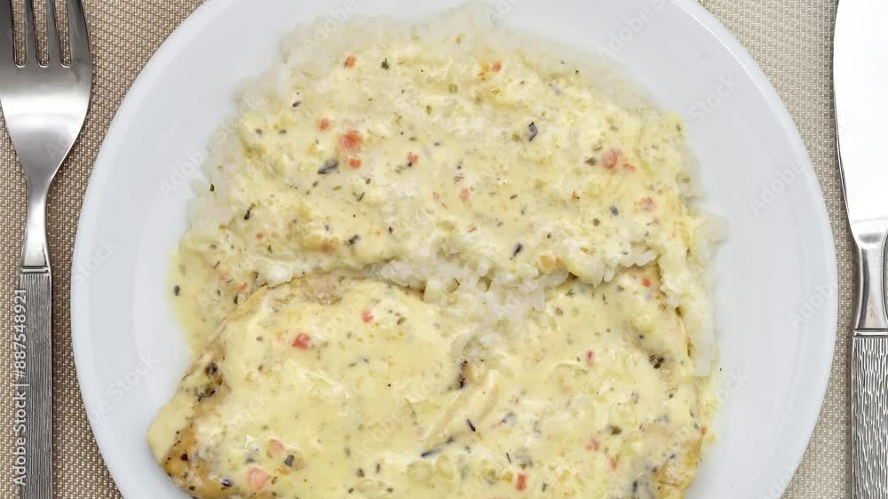 Grilled chicken breast fillets with cooking cream and herb spices with rice side dish on the white plate. Top view. Close-up.