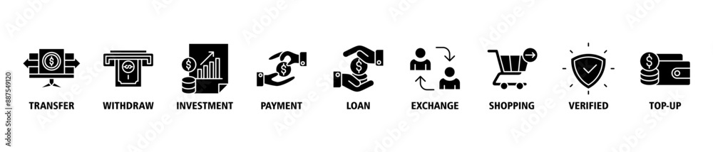 Mobile banking banner web icon set vector symbol illustration concept with icon of transfer, withdraw, investment, payment, loan, exchange, shopping, verified and top-up Mobile banking banner web icon set vector symbol illustration concept with icon of transfer, withdraw, investment, payment, loan, exchange, shopping, verified and top-up