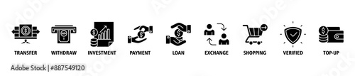 Mobile banking banner web icon set vector symbol illustration concept with icon of transfer, withdraw, investment, payment, loan, exchange, shopping, verified and top-up