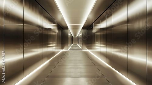 An endless corridor with a minimalist design, featuring seamless metallic panels and pulsating LED lights embedded in the floor and ceiling