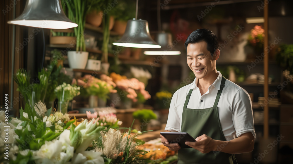The shop worker of small business of floral shop store checking the shop stock by tablet, Shop owner and worker in a flower shop holding a phone, selected focus, Depth of field.5000