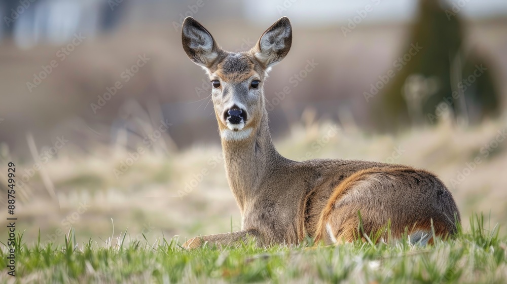 Female deer rests and grazes grass in spring Female deer rests and grazes grass in spring