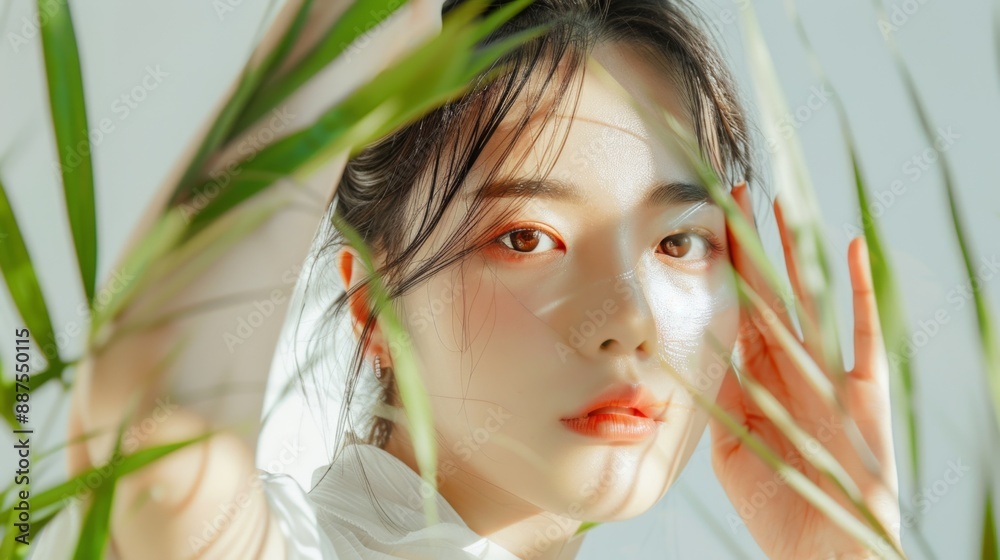 Fototapeta premium Summer Beauty Model with Korean Makeup Demonstrating Sunscreen Application, Clean White Background with Plant Decor, Skincare and Cosmetic Marketing Campaign Banner, AI-Generated High-Definition Wallp