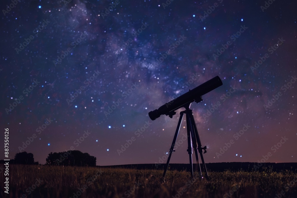 A clear night sky with a person using a telescope, set up in an open field, with stars twinkling above and a sense of wonder A clear night sky with a person using a telescope, set up in an open field, with stars twinkling above and a sense of wonder