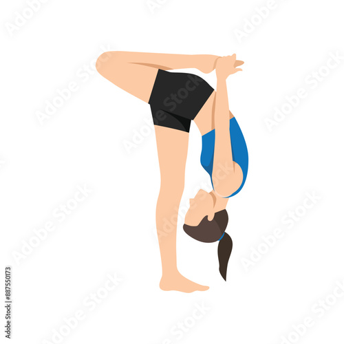 Woman doing unsupported Bound One Foot Intense Stretch Pose or Niralamba Baddha Eka Pada Uttanasana. Flat vector illustration isolated on white background photo