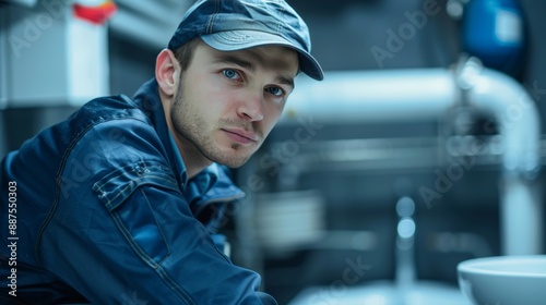 Handsome young plumber in work uniform and cap repairing white pipes under bathroom sink