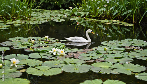 Cygne naviguant paisiblement sur un étang fleuri photo