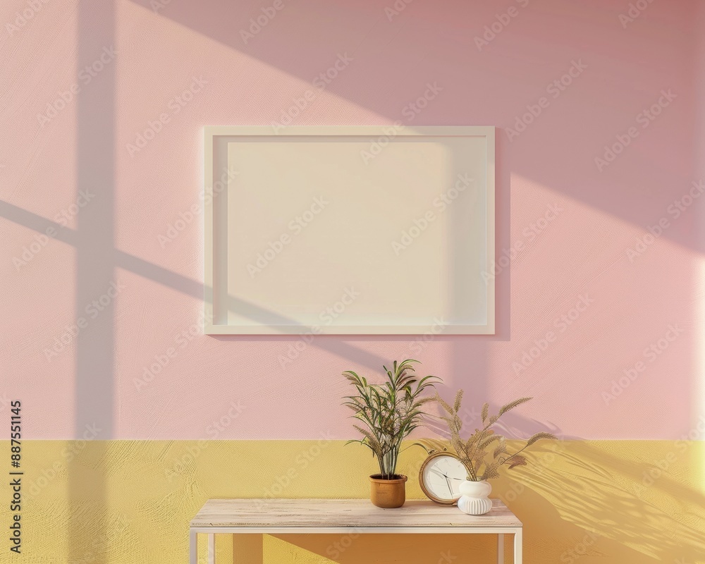 Serene Interior with Pastel Grey Wall and Blank Frame Mockup Under Soft, Natural Light Serene Interior with Pastel Grey Wall and Blank Frame Mockup Under Soft, Natural Light