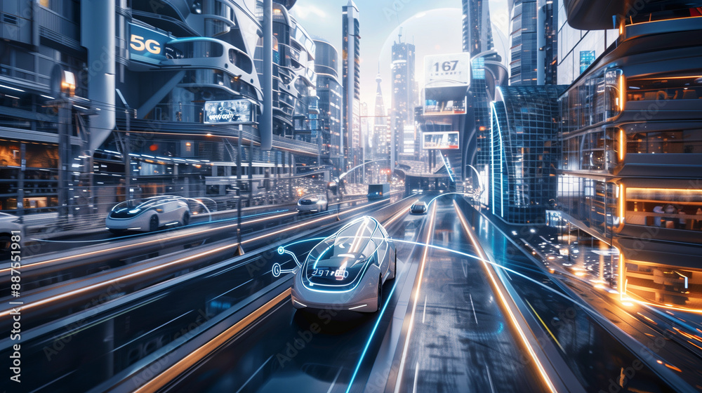 Dynamic urban landscape showcasing the potential of 5G technology with smart infrastructure, autonomous vehicles, and seamless instant connectivity. Advanced urban living and digital transformation. Dynamic urban landscape showcasing the potential of 5G technology with smart infrastructure, autonomous vehicles, and seamless instant connectivity. Advanced urban living and digital transformation.