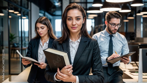 A Woman in a Business Suit Holding a Large Black Book and Looking Away From the Camera With a Thoughtful Expression.